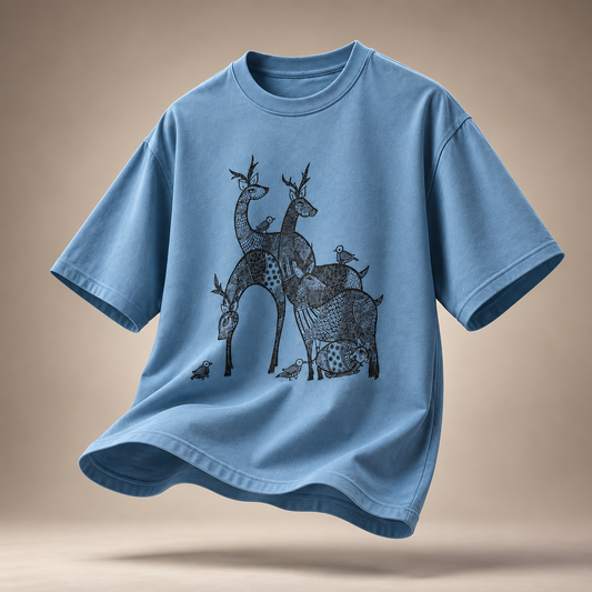 Gond Deer kids oversized cotton t-shirt in blue - flat lay