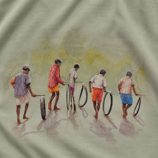 Veyilodu Vilayadi design story - kids t-shirt inspired by the rolling tyre street game