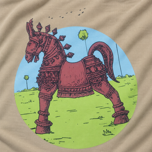 Terracotta Horse design story - kids t-shirt inspired by Tamil Nadu clay guardian art