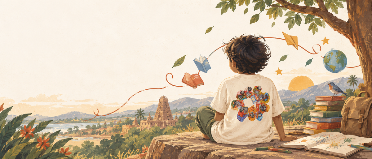 Our Story hero illustration - child imagining stories inspired by Indian art and culture