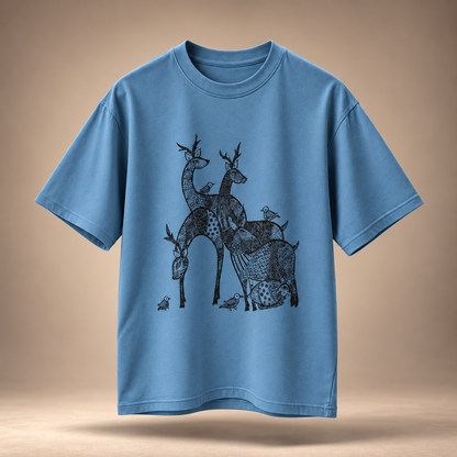 Gond Deer print kids & teens oversized cotton t-shirt in blue - front view