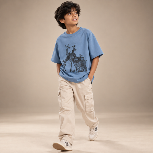 Boy wearing Gond Deer kids oversized cotton t-shirt in blue