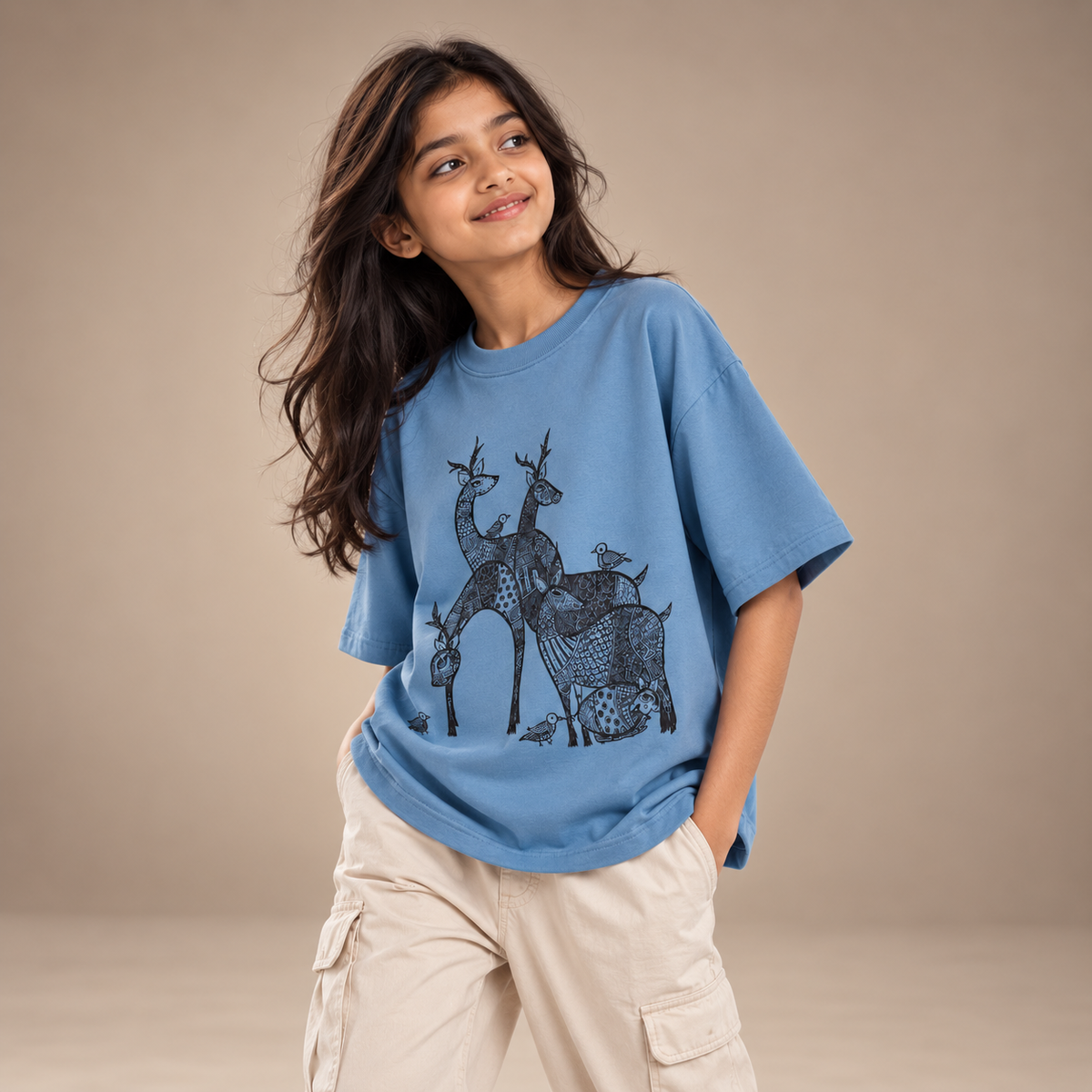 Girl wearing Gond Deer kids & teens oversized cotton t-shirt in blue