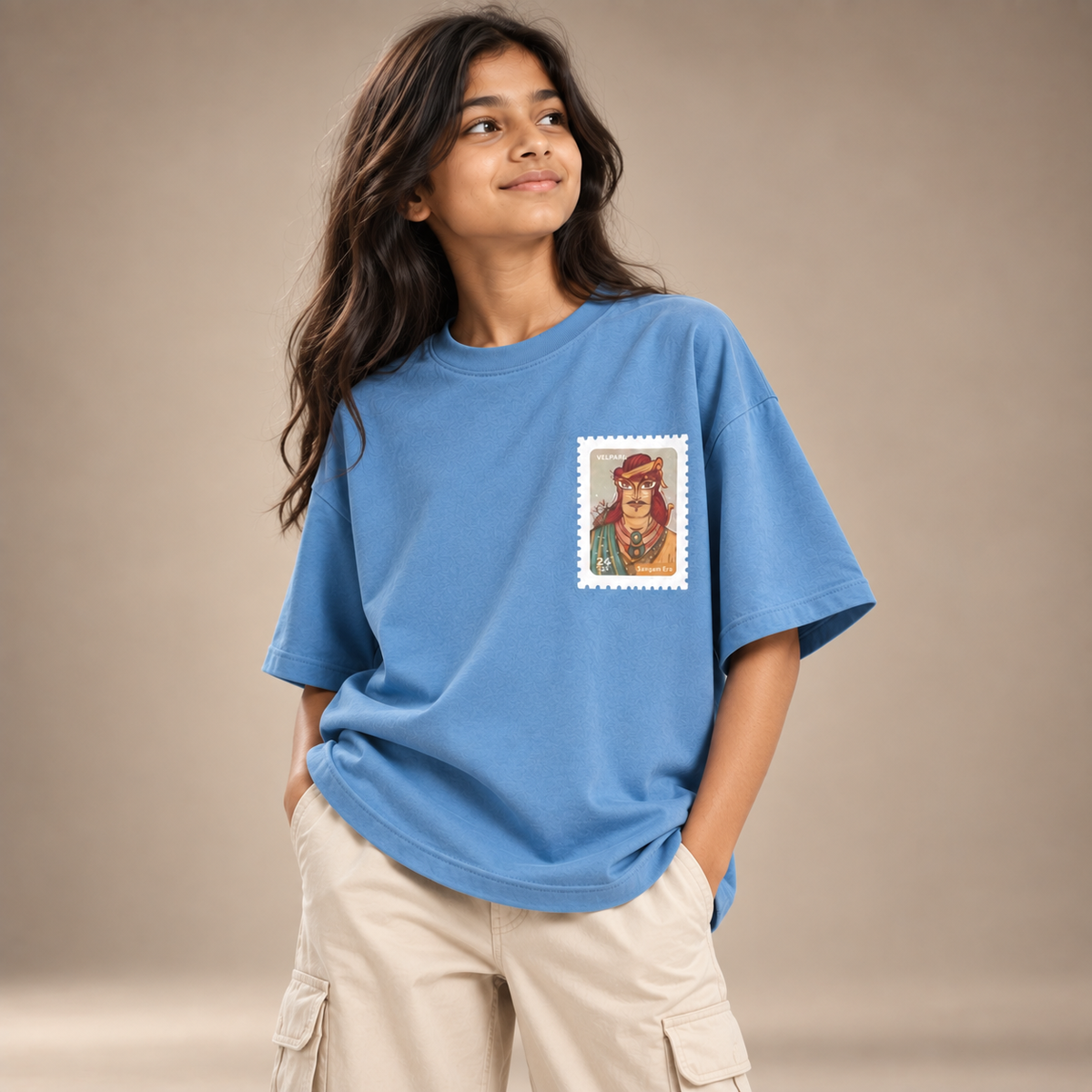 Girl wearing Velpari kids & teens oversized cotton t-shirt in blue