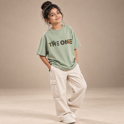 Girl wearing The One kids & teens oversized cotton t-shirt in sage green