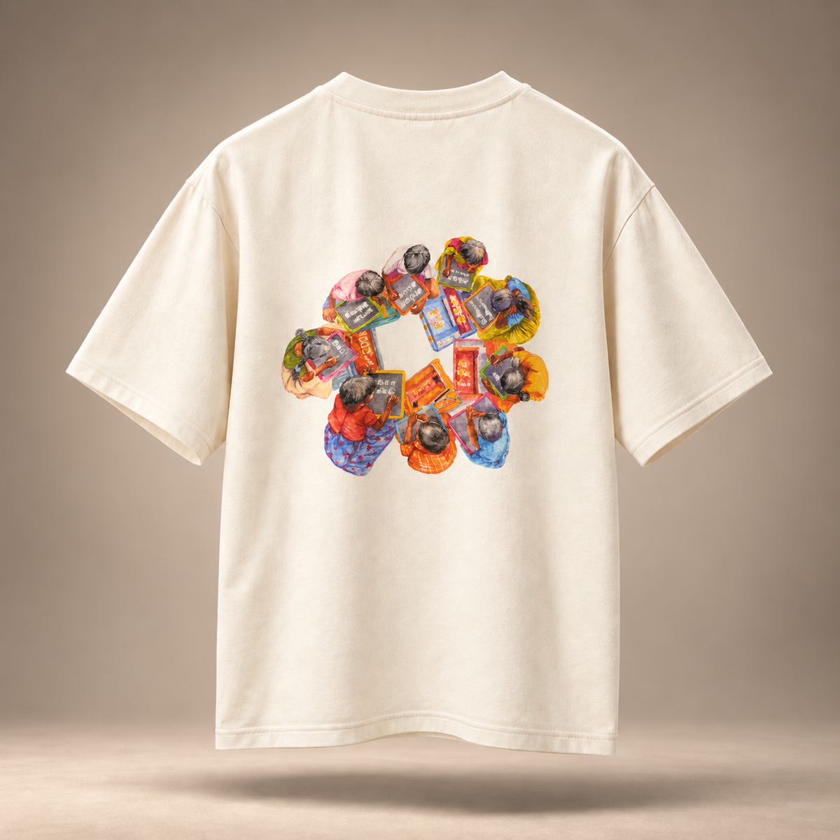 The Beginning print kids & teens oversized cotton t-shirt in ivory - back view