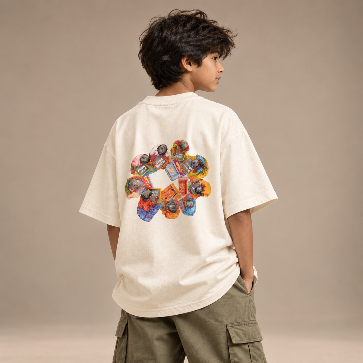 Boy wearing The Beginning kids & teens oversized cotton t-shirt in ivory