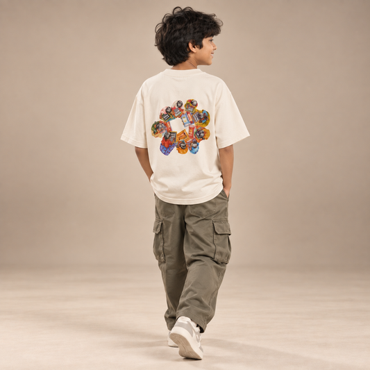 Boy wearing Agara Mudhala kids oversized cotton t-shirt in ivory