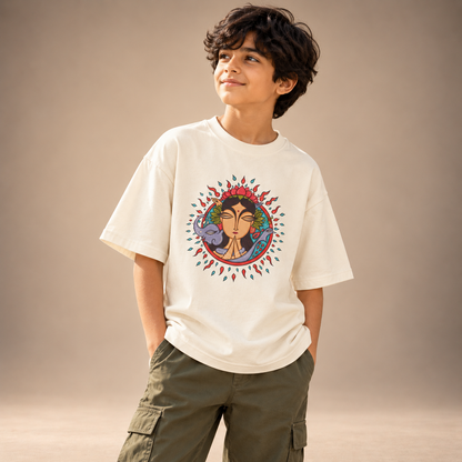 Boy wearing Mother Earth kids & teens oversized cotton t-shirt in ivory