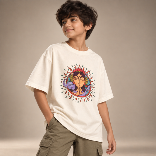 Boy wearing Mother Earth kids oversized cotton t-shirt in ivory