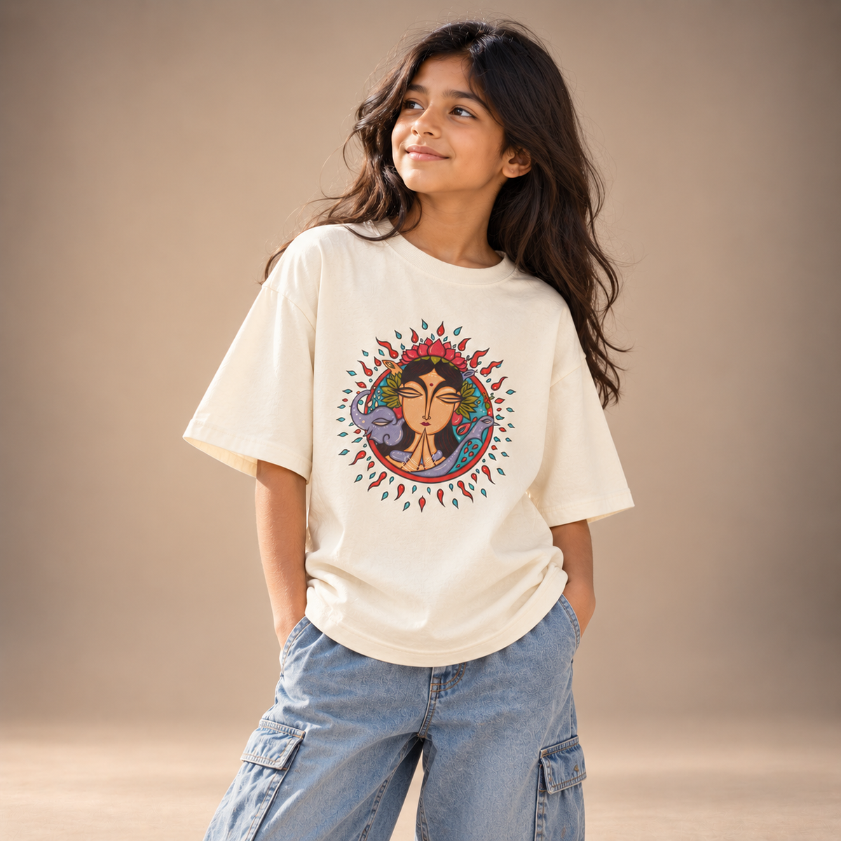 Girl wearing Mother Earth kids & teens oversized cotton t-shirt in ivory