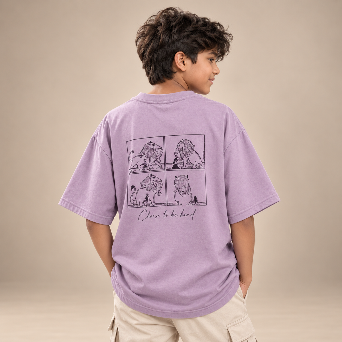Boy wearing Kindness kids & teens oversized cotton t-shirt in lavender