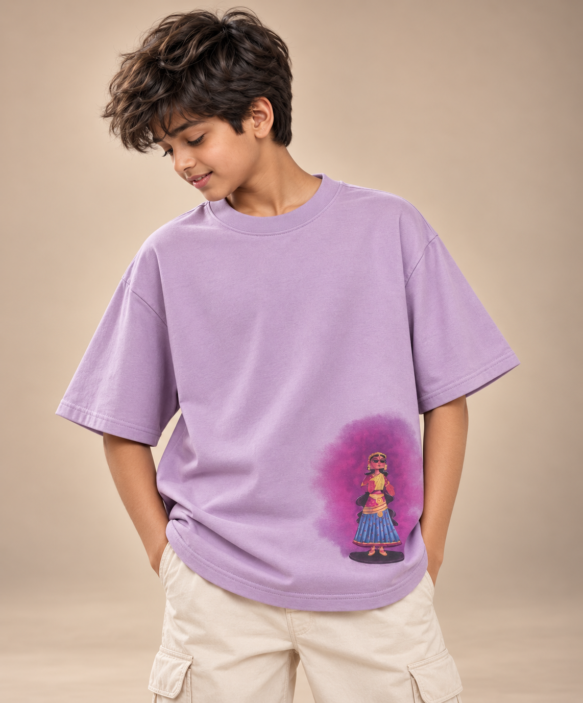 Boy wearing Tanjore Dancing Doll kids & teens oversized cotton t-shirt in lavender