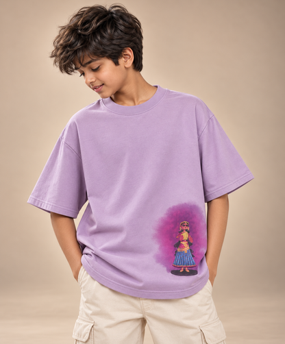 Boy wearing Tanjore Dancing Doll kids & teens oversized cotton t-shirt in lavender
