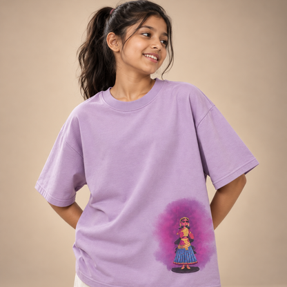Girl wearing Tanjore Dancing Doll kids & teens oversized cotton t-shirt in lavender