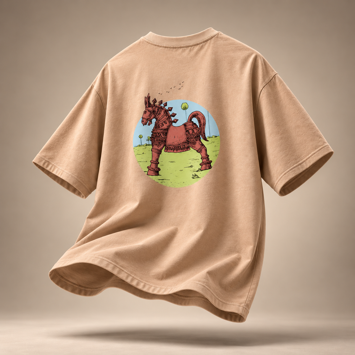 Terracotta Horse women's oversized cotton t-shirt in orange - flat lay