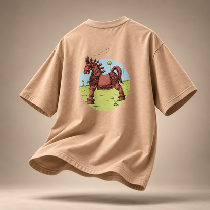 Terracotta Horse women's oversized cotton t-shirt in orange - flat lay