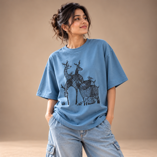 Gond Deer | Provincial Blue | Women's Oversized Cotton T-Shirt