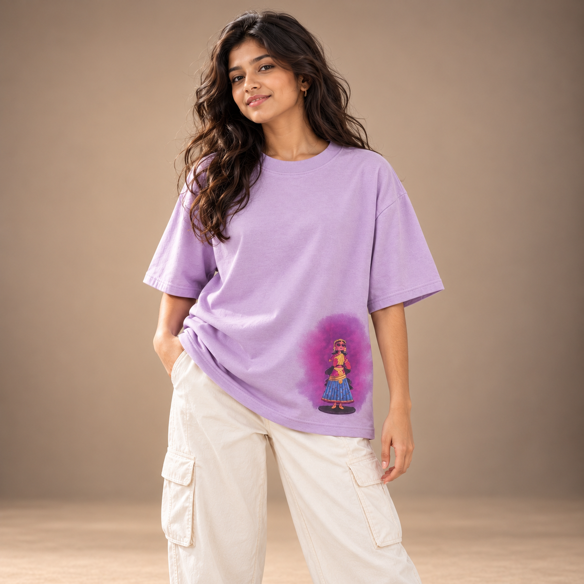 Tanjore Dancing Doll | Lavender | Women's Oversized Cotton T-Shirt
